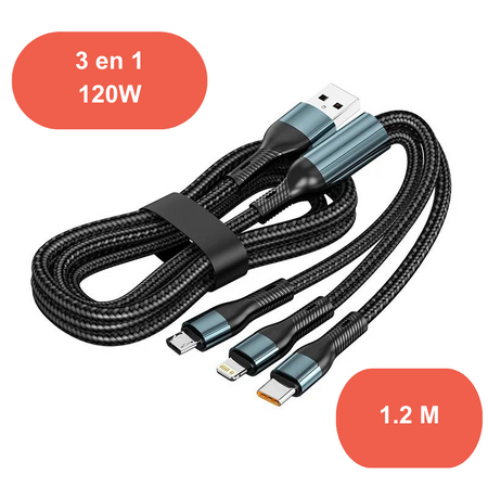 Câble de recharge rapide téléphone 3 en 1 Micro USB + Lightning + USB Type C